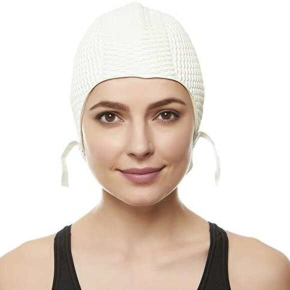 Beemo Swim Cap Women Chin Strap Bubble Crepe Latex Long Short Hair - White - Picture 2 of 8